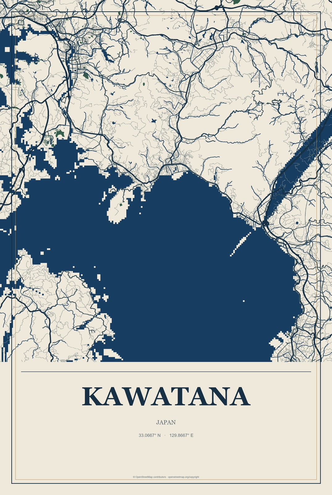 Kawatana, Japan City Map Aluminum Sign in Coastal Cutout style