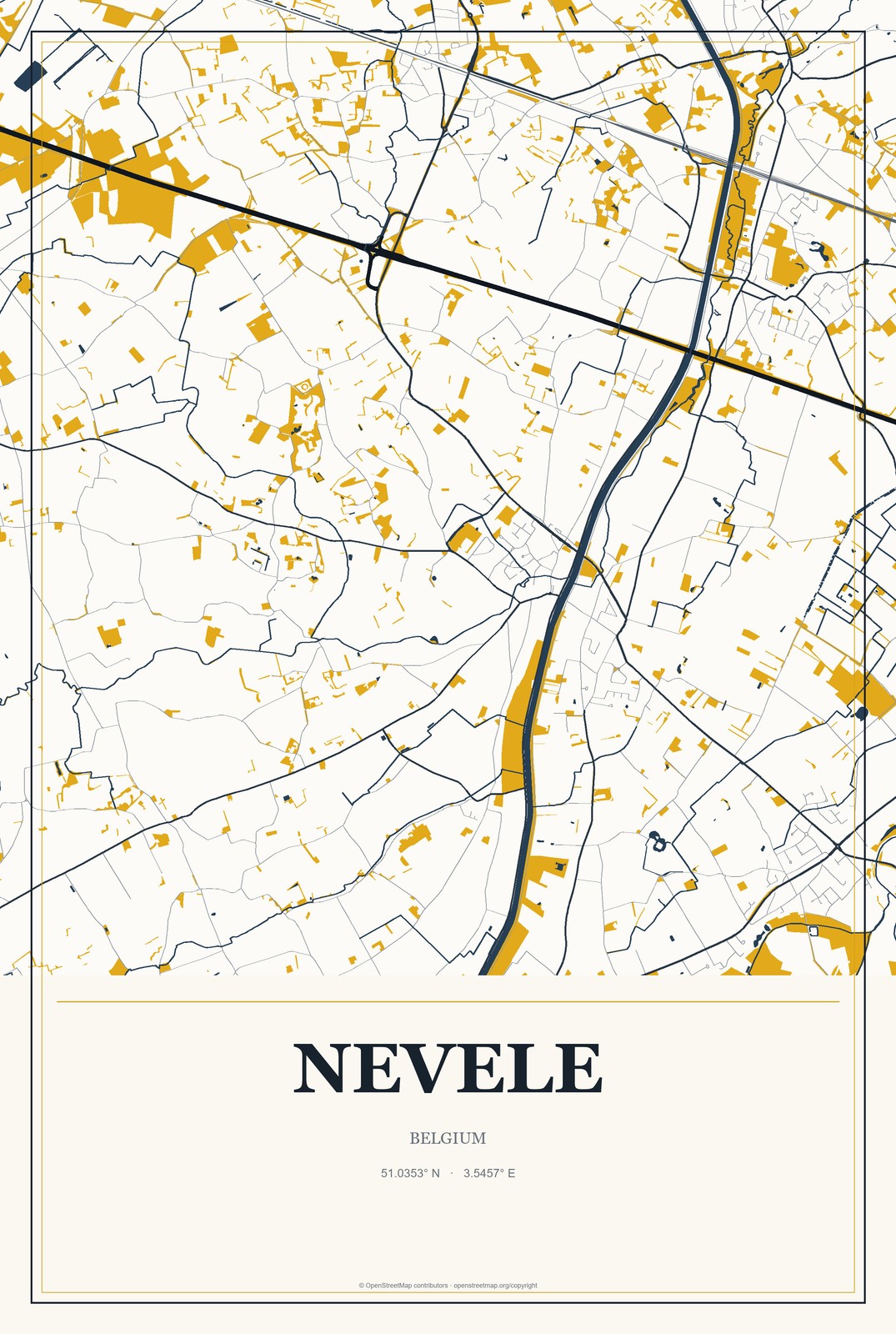 Nevele, Belgium City Map Aluminum Sign in Citrine Modern style