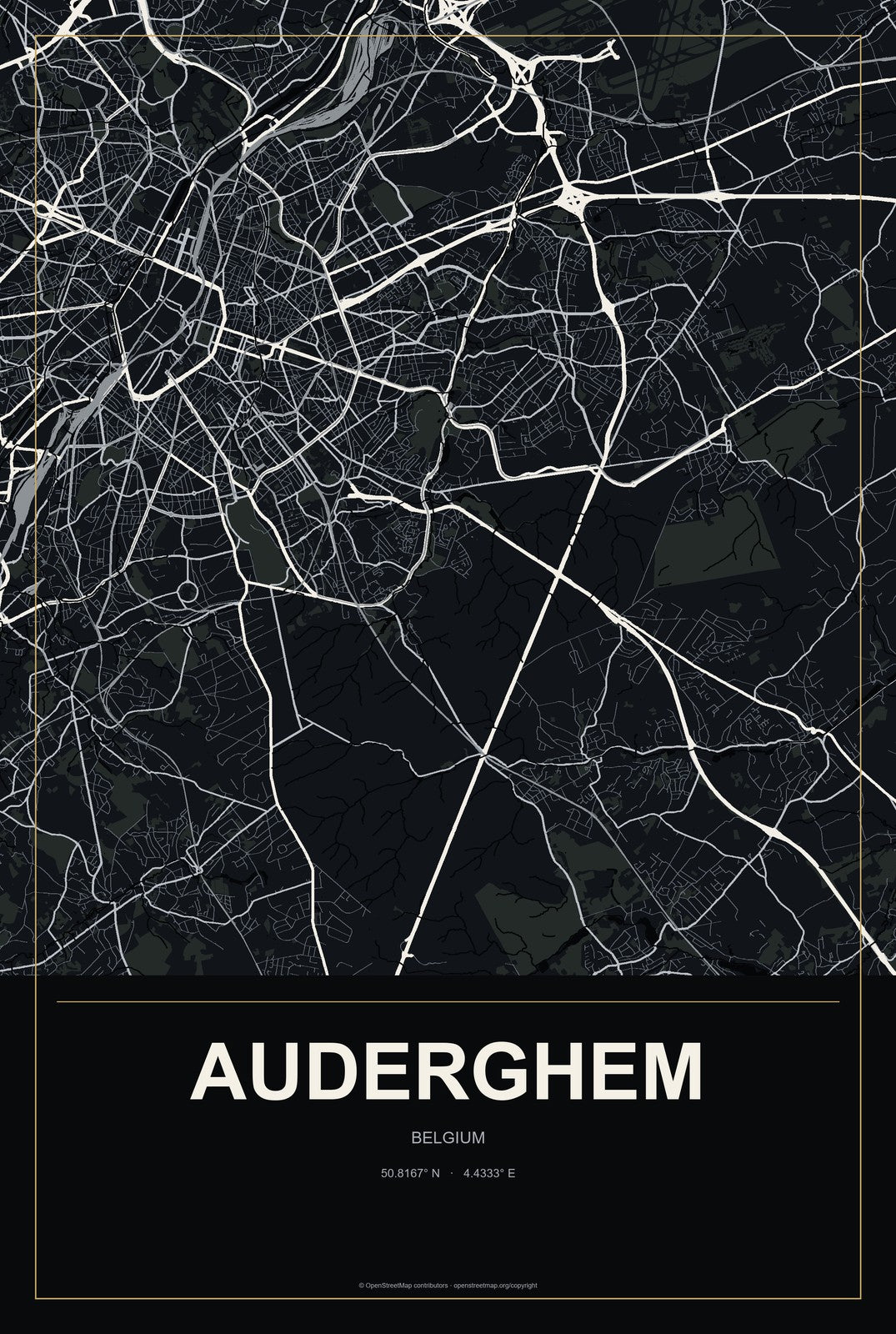 Auderghem, Belgium City Map Aluminum Sign in Metropolitan Noir style
