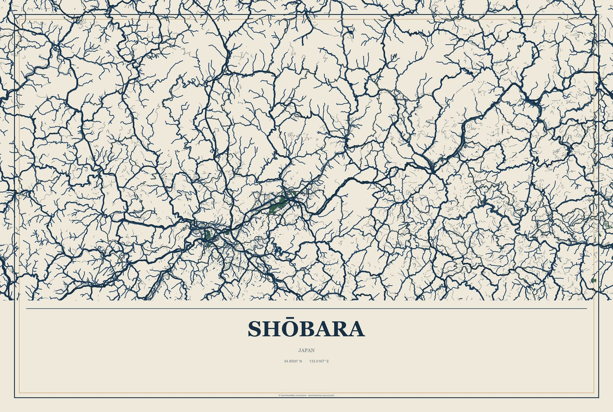 Shōbara, Japan City Map Aluminum Sign in Coastal Cutout style