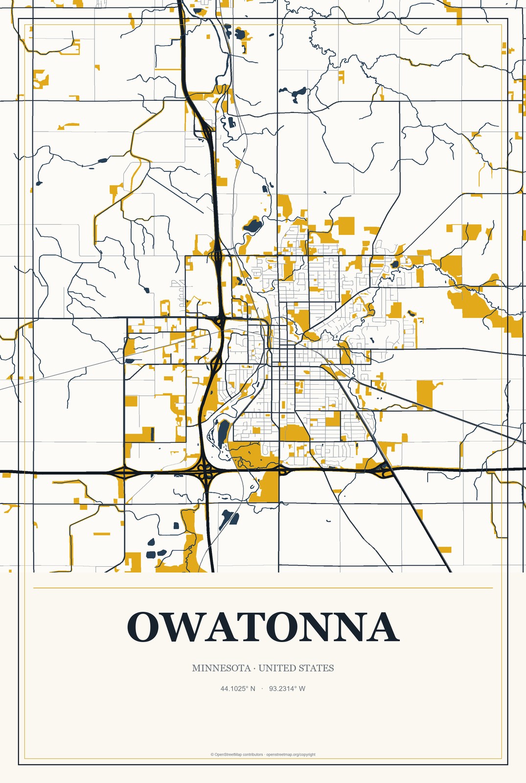 Owatonna, Minnesota City Map Aluminum Sign in Citrine Modern style