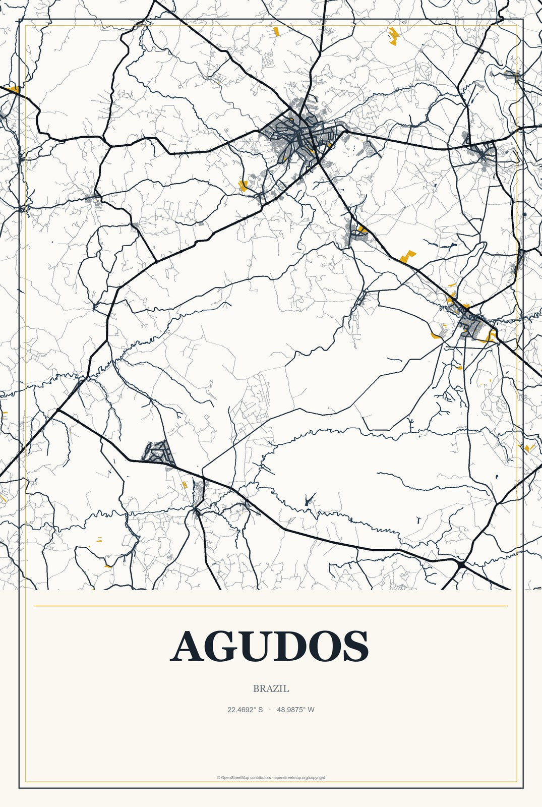 Agudos, Brazil City Map Aluminum Sign in Citrine Modern style