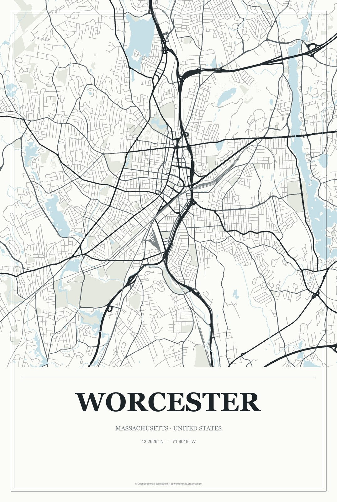 Worcester, Massachusetts City Map Aluminum Sign in Gallery Air style