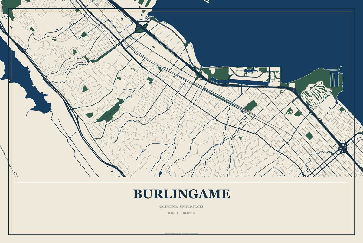 Burlingame, California City Map Aluminum Sign in Coastal Cutout style