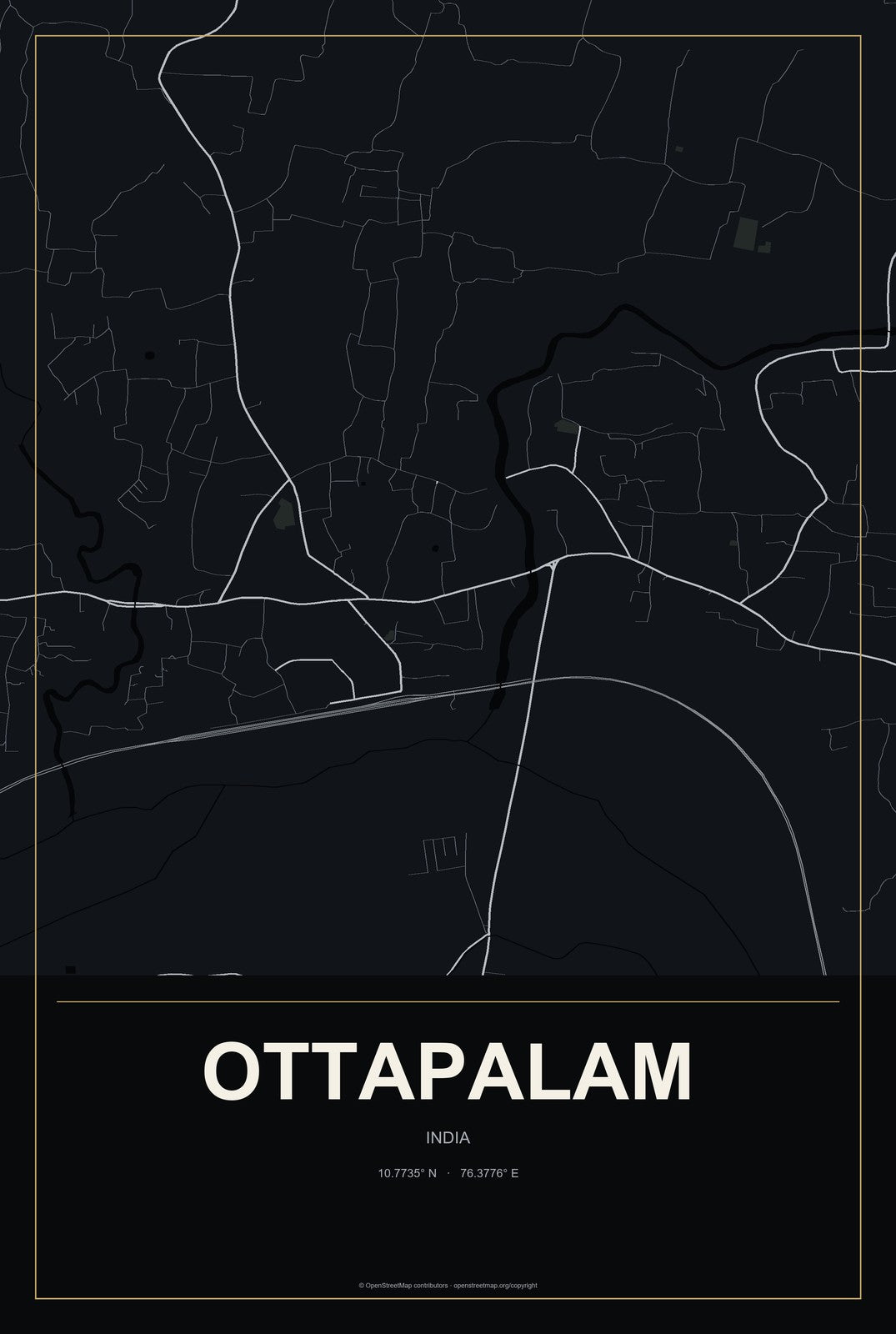 Ottapalam, India City Map Aluminum Sign in Metropolitan Noir style