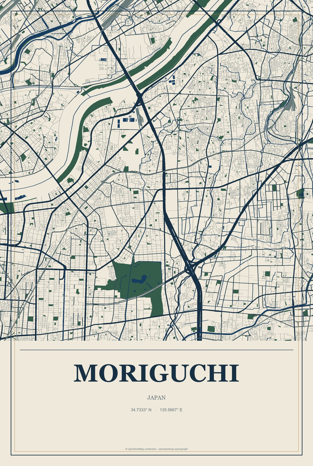 Moriguchi, Japan City Map Aluminum Sign in Coastal Cutout style