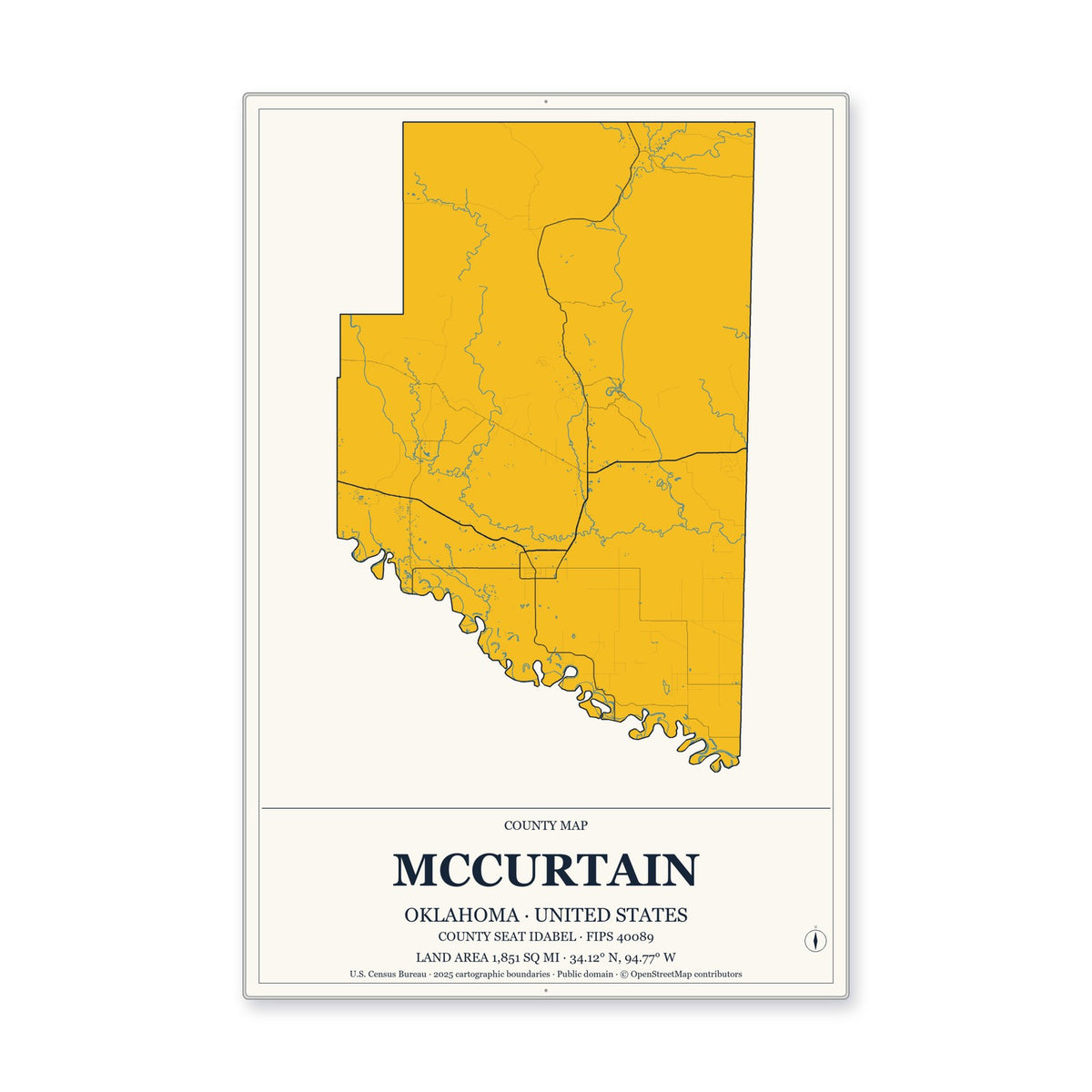 McCurtain County, Oklahoma Map Aluminum Sign in Citrine Modern style