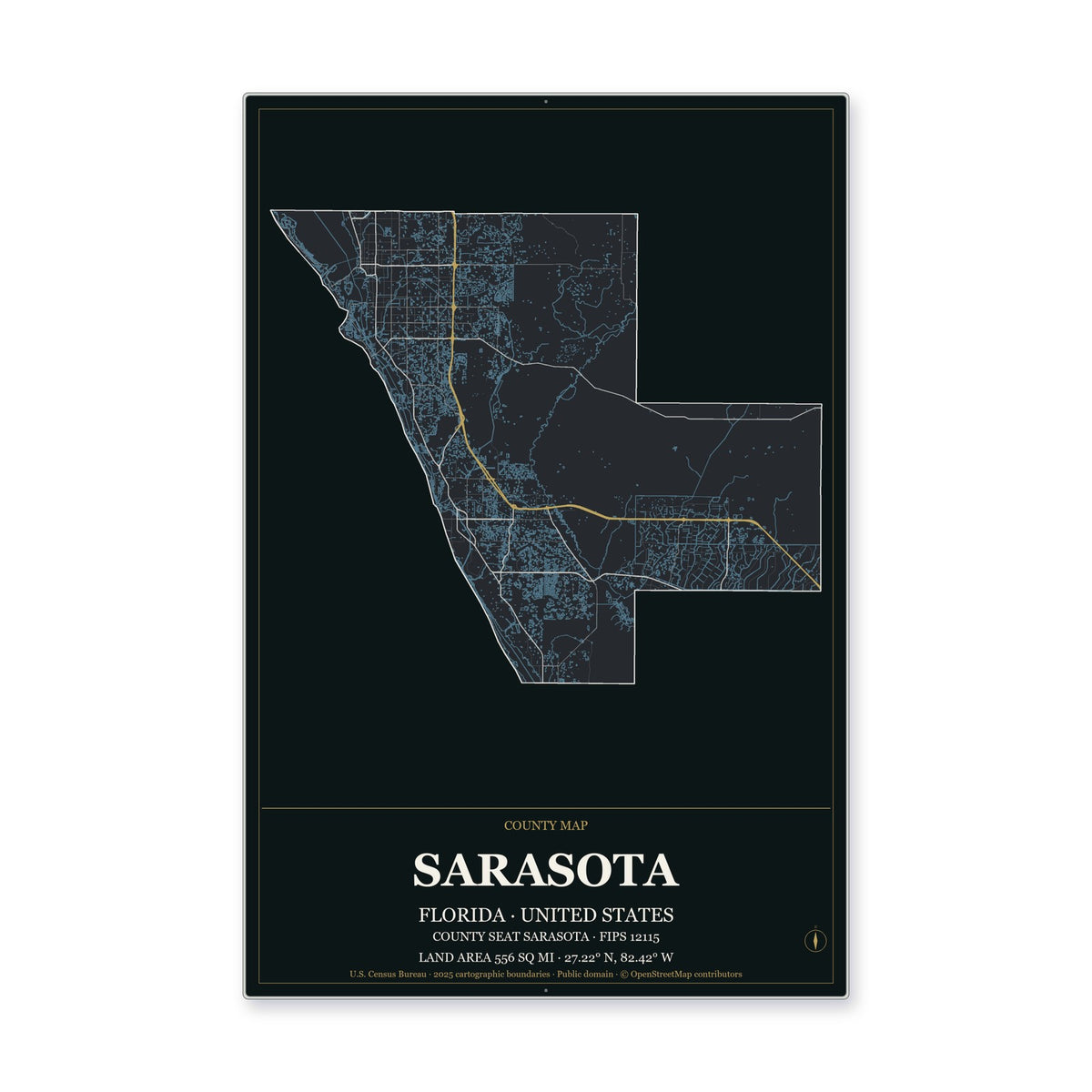 Sarasota County, Florida Map Aluminum Sign in Metropolitan Noir style