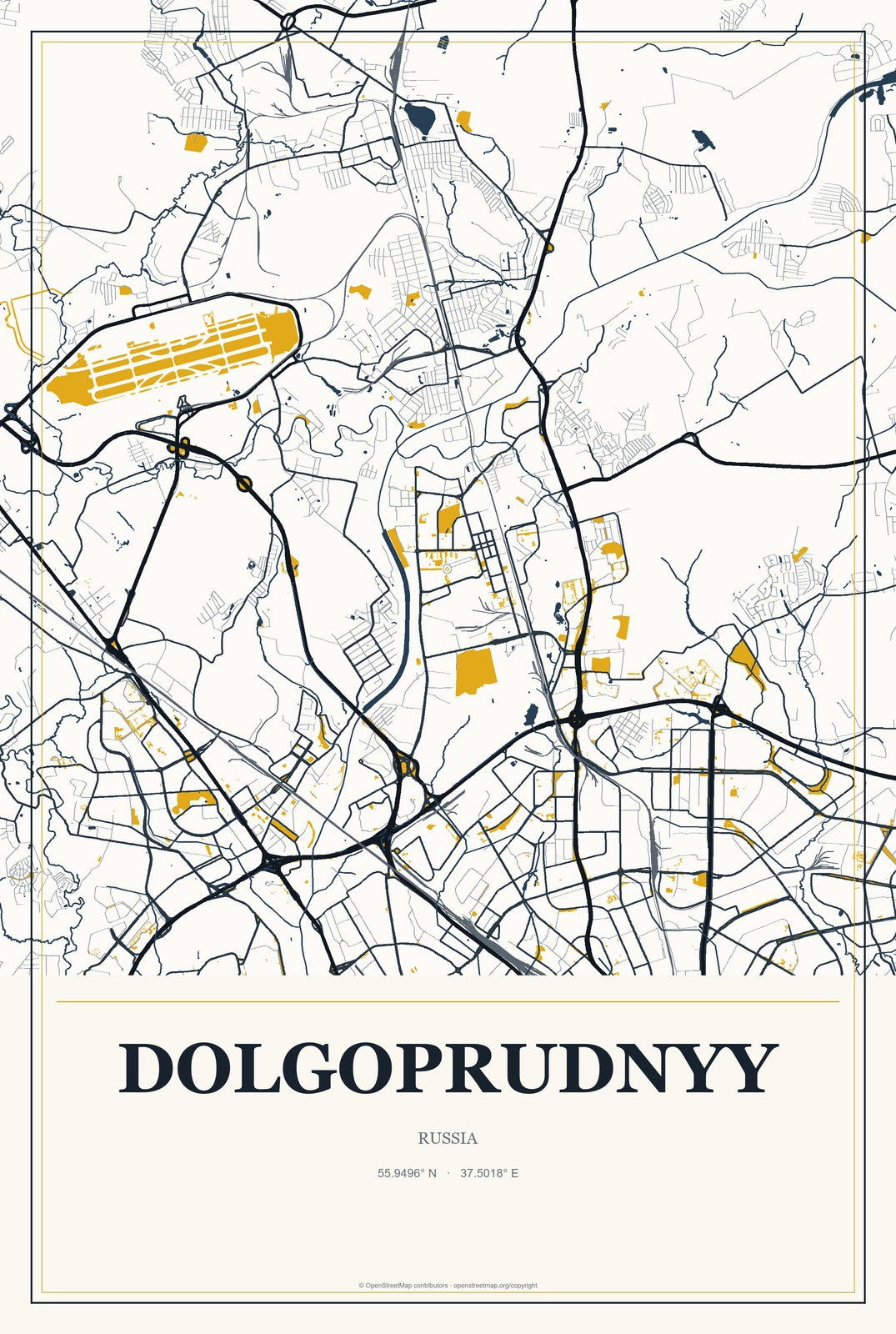 Dolgoprudnyy, Russia City Map Aluminum Sign in Citrine Modern style