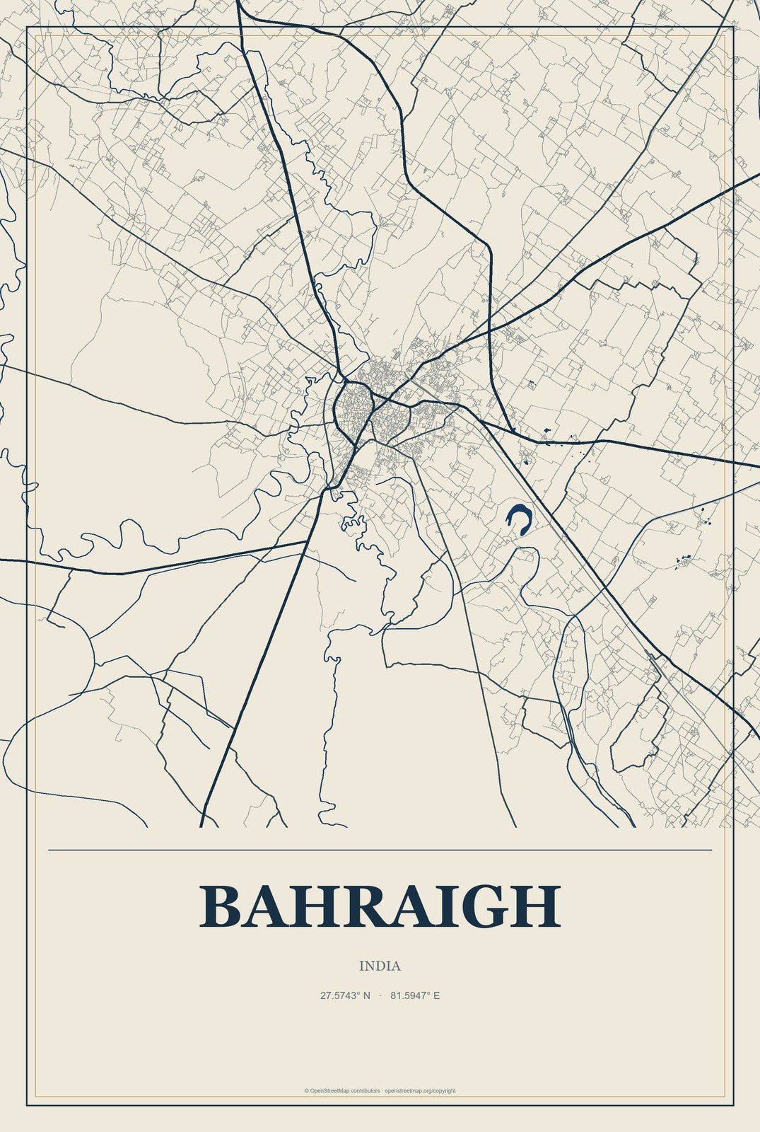 Bahraigh, India City Map Aluminum Sign in Coastal Cutout style