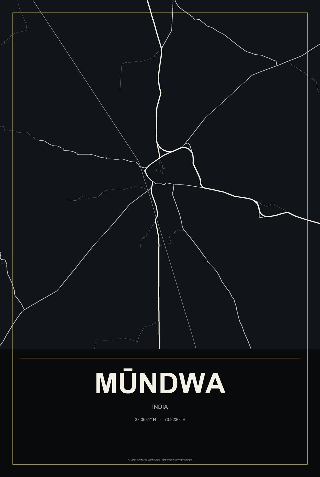 Mūndwa, India City Map Aluminum Sign in Metropolitan Noir style