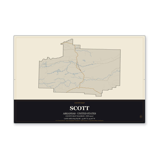 Scott County, Arkansas Map Aluminum Sign in Museum Plaque style