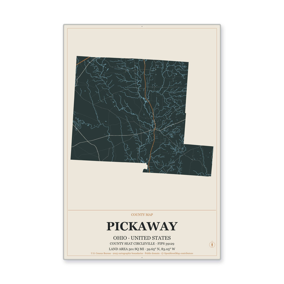 Pickaway County, Ohio Map Aluminum Sign in Headline Atlas style