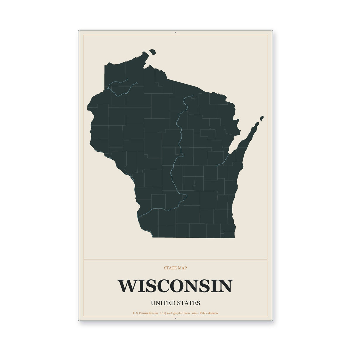 Wisconsin state map aluminum sign in Headline Atlas style