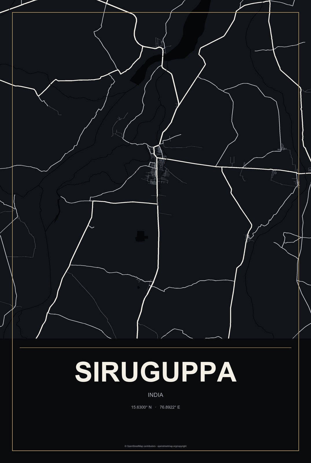 Siruguppa, India City Map Aluminum Sign in Metropolitan Noir style