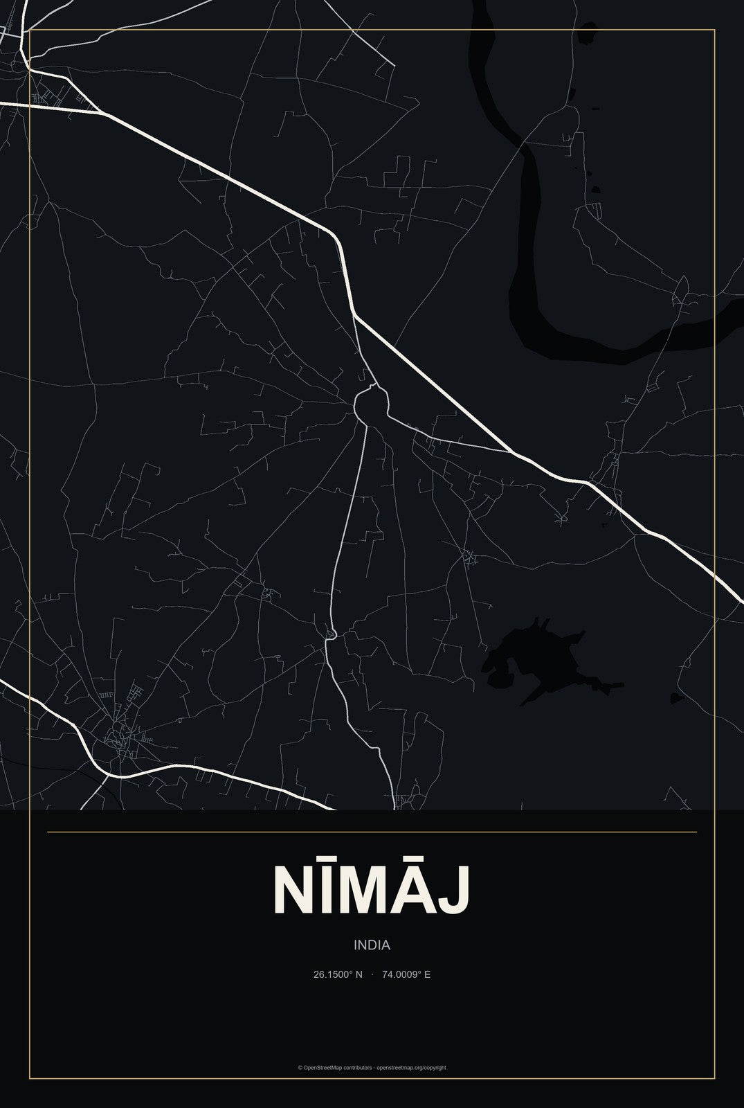 Nīmāj, India City Map Aluminum Sign in Metropolitan Noir style
