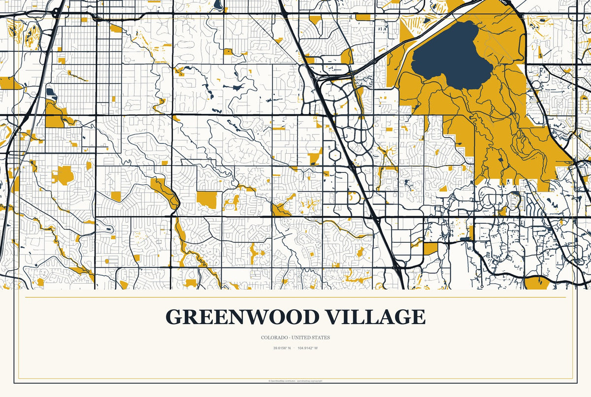 Greenwood Village, Colorado City Map Aluminum Sign in Citrine Modern style