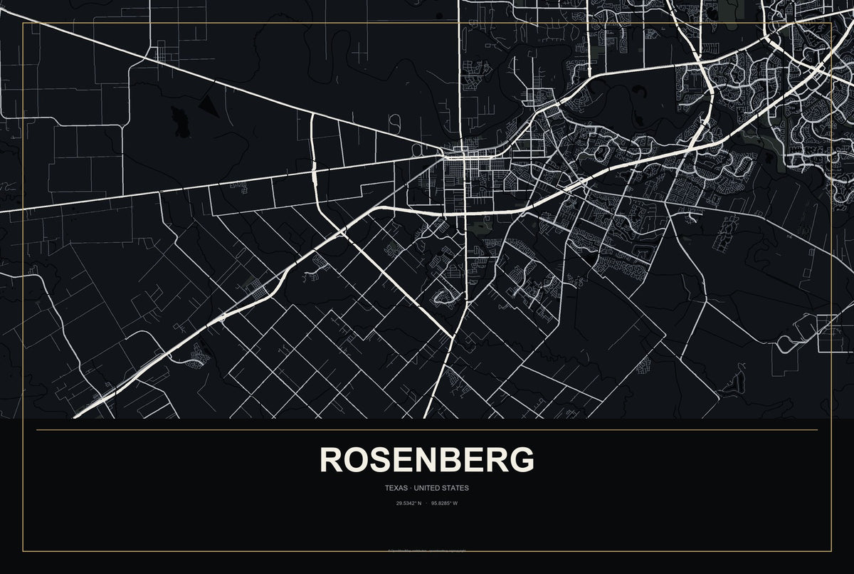 Rosenberg, Texas City Map Aluminum Sign in Metropolitan Noir style