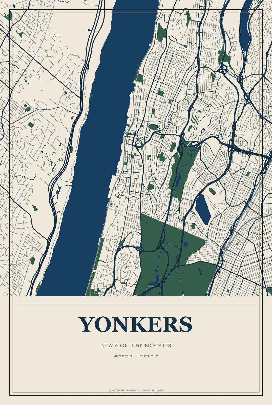 Yonkers, New York City Map Aluminum Sign in Coastal Cutout style
