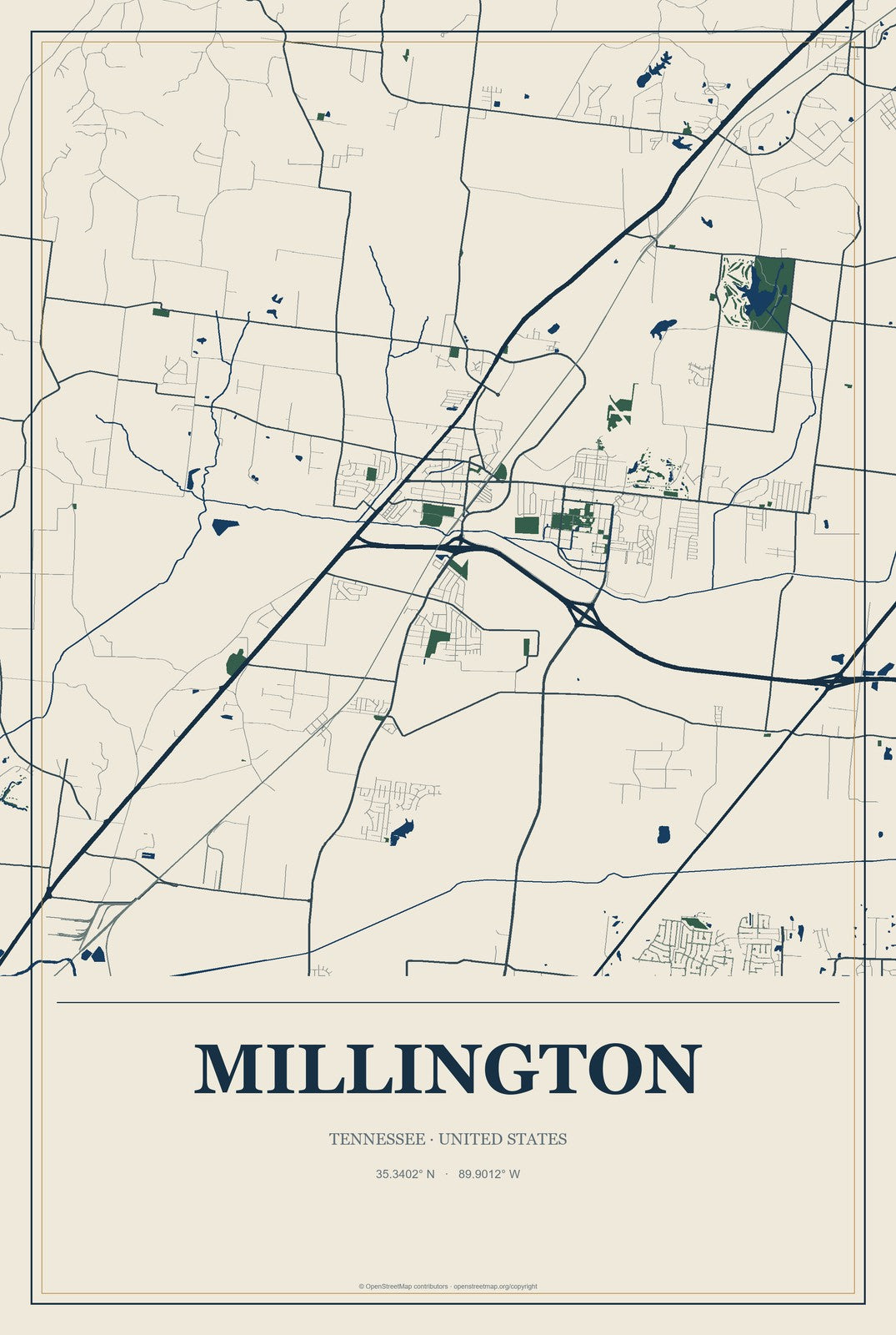 Millington, Tennessee City Map Aluminum Sign in Coastal Cutout style