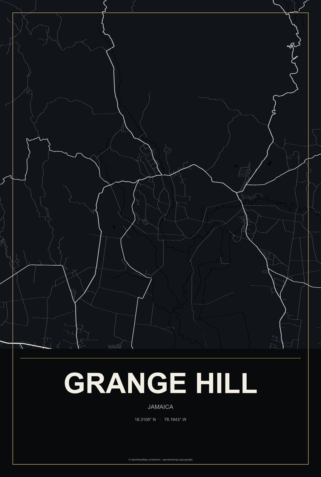 Grange Hill, Jamaica City Map Aluminum Sign in Metropolitan Noir style