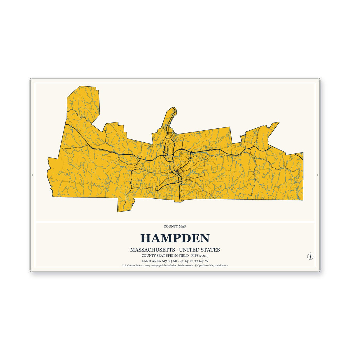 Hampden County, Massachusetts Map Aluminum Sign in Citrine Modern style