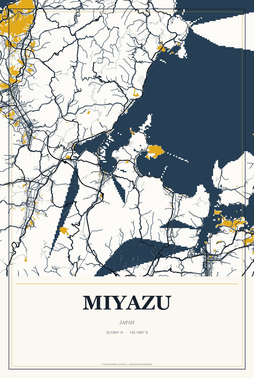 Miyazu, Japan City Map Aluminum Sign in Citrine Modern style