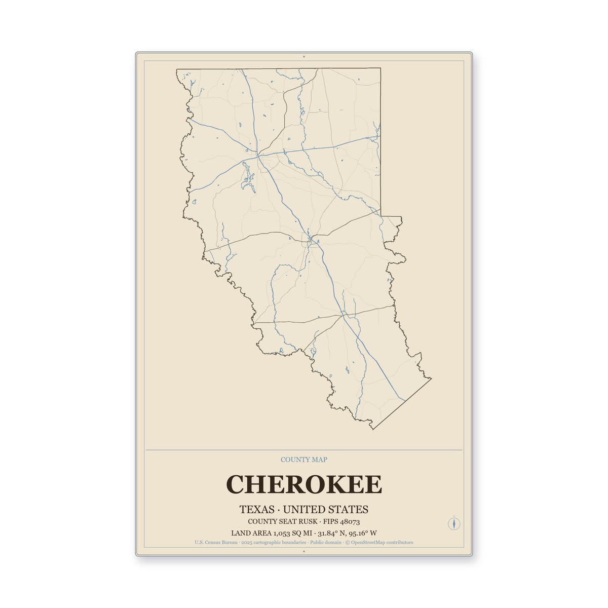 Cherokee County, Texas Map Aluminum Sign in Heritage Nautical style