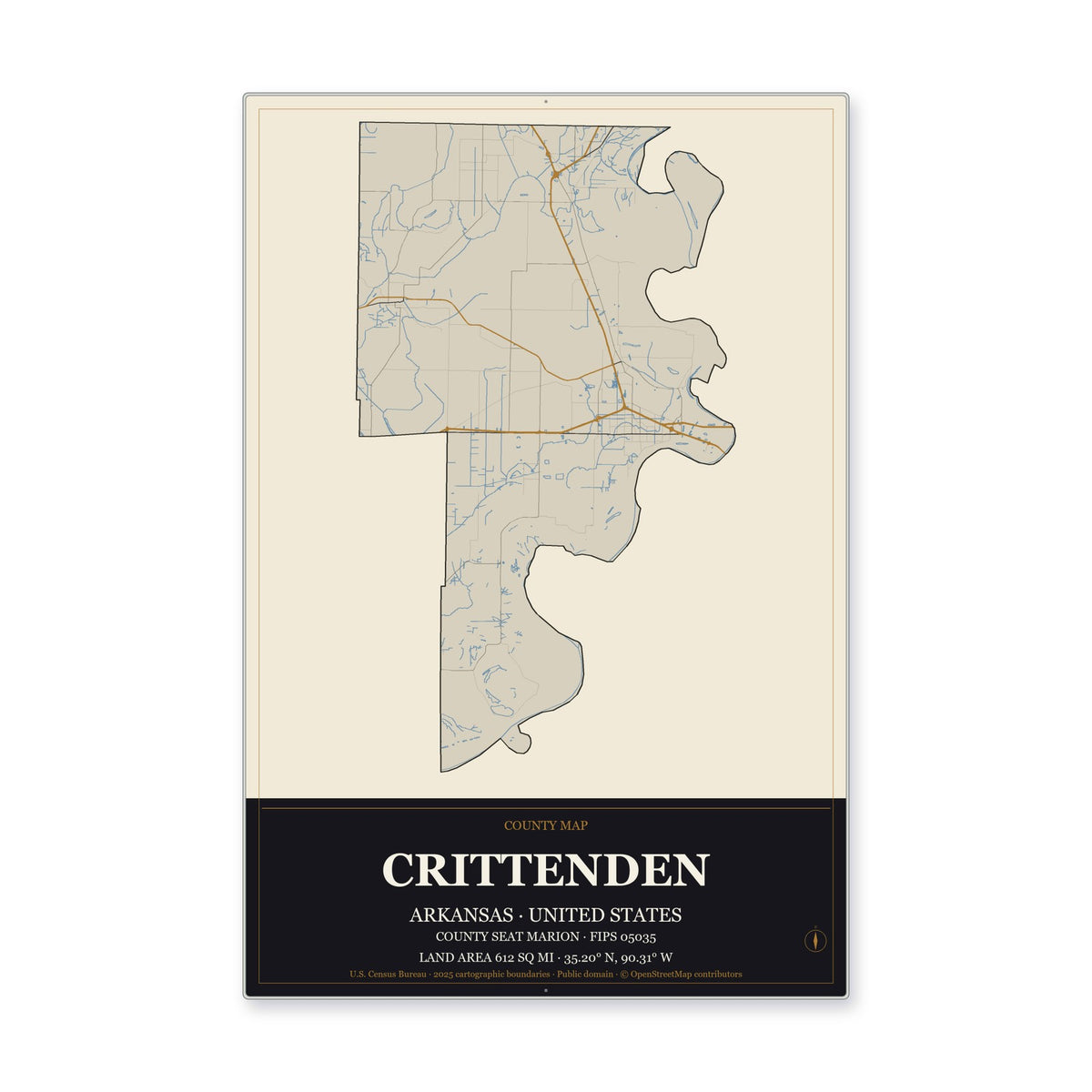 Crittenden County, Arkansas Map Aluminum Sign in Museum Plaque style