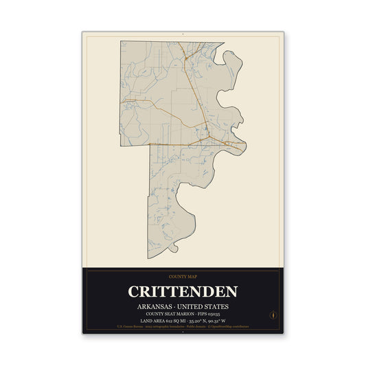 Crittenden County, Arkansas Map Aluminum Sign in Museum Plaque style