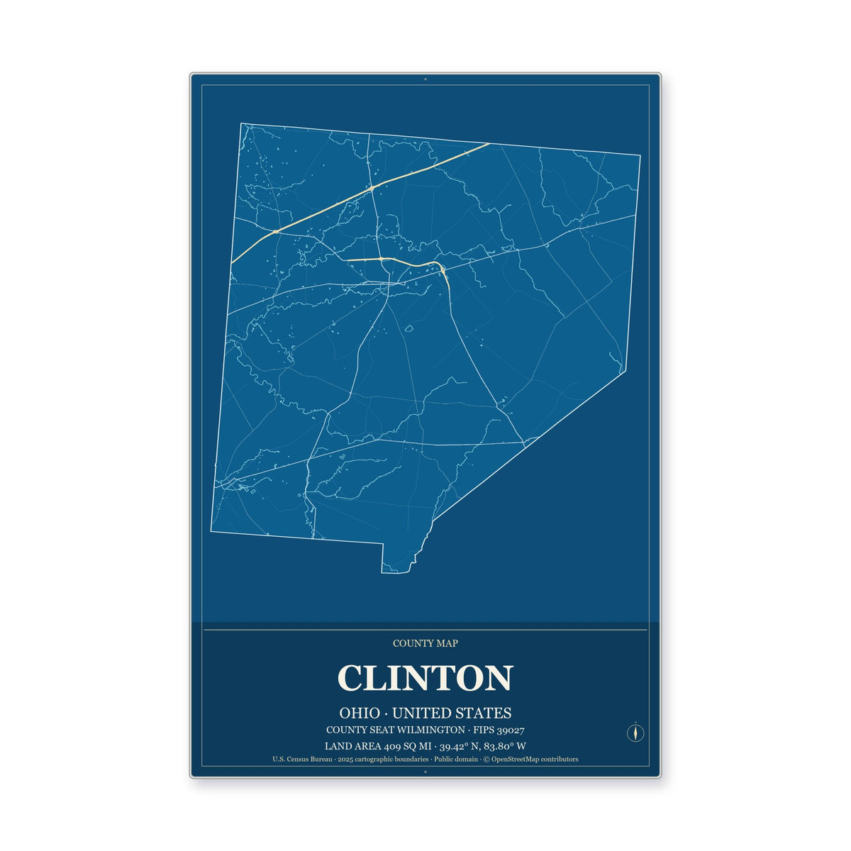 Clinton County, Ohio Map Aluminum Sign in Harbor Cobalt style