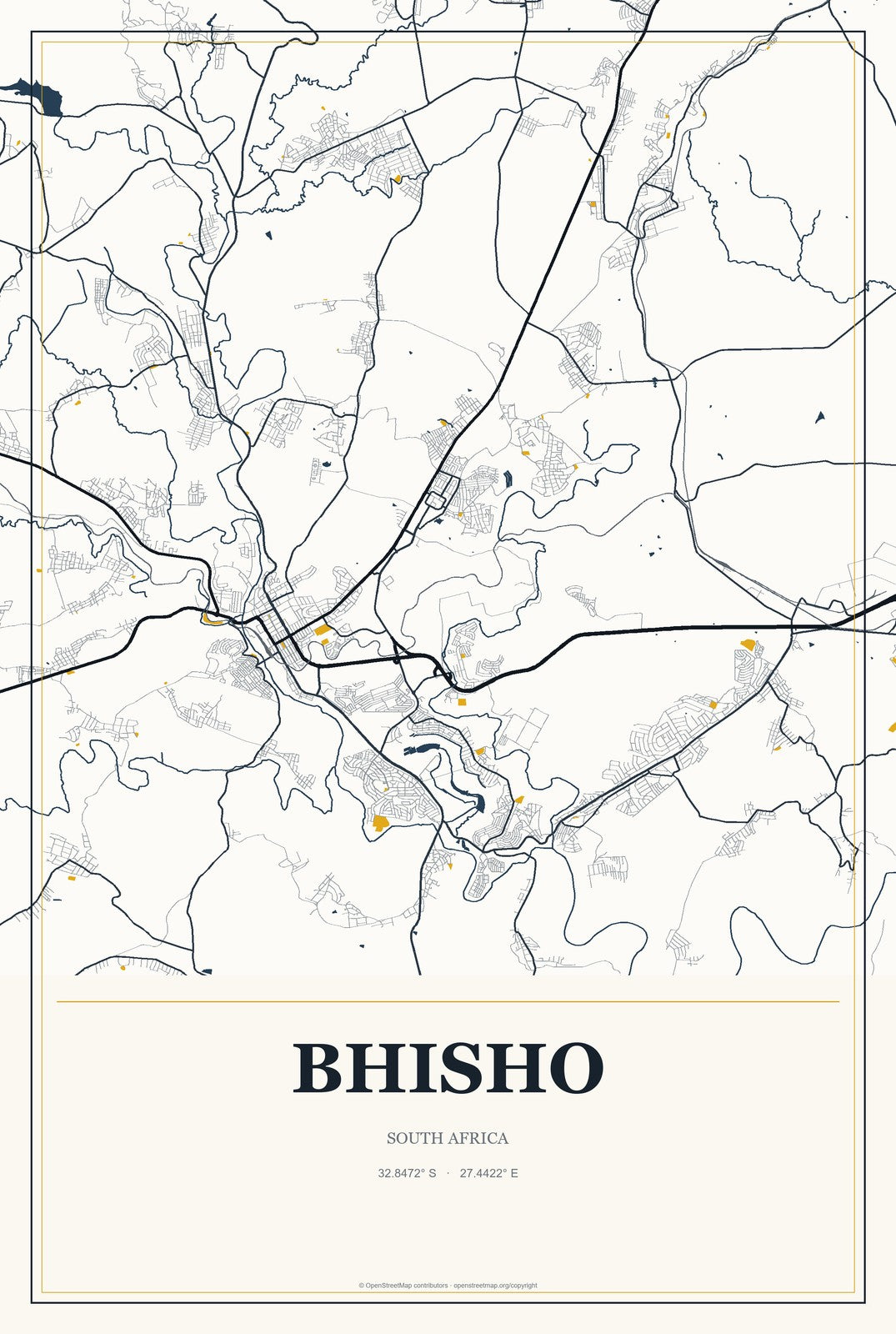 Bhisho, South Africa City Map Aluminum Sign in Citrine Modern style