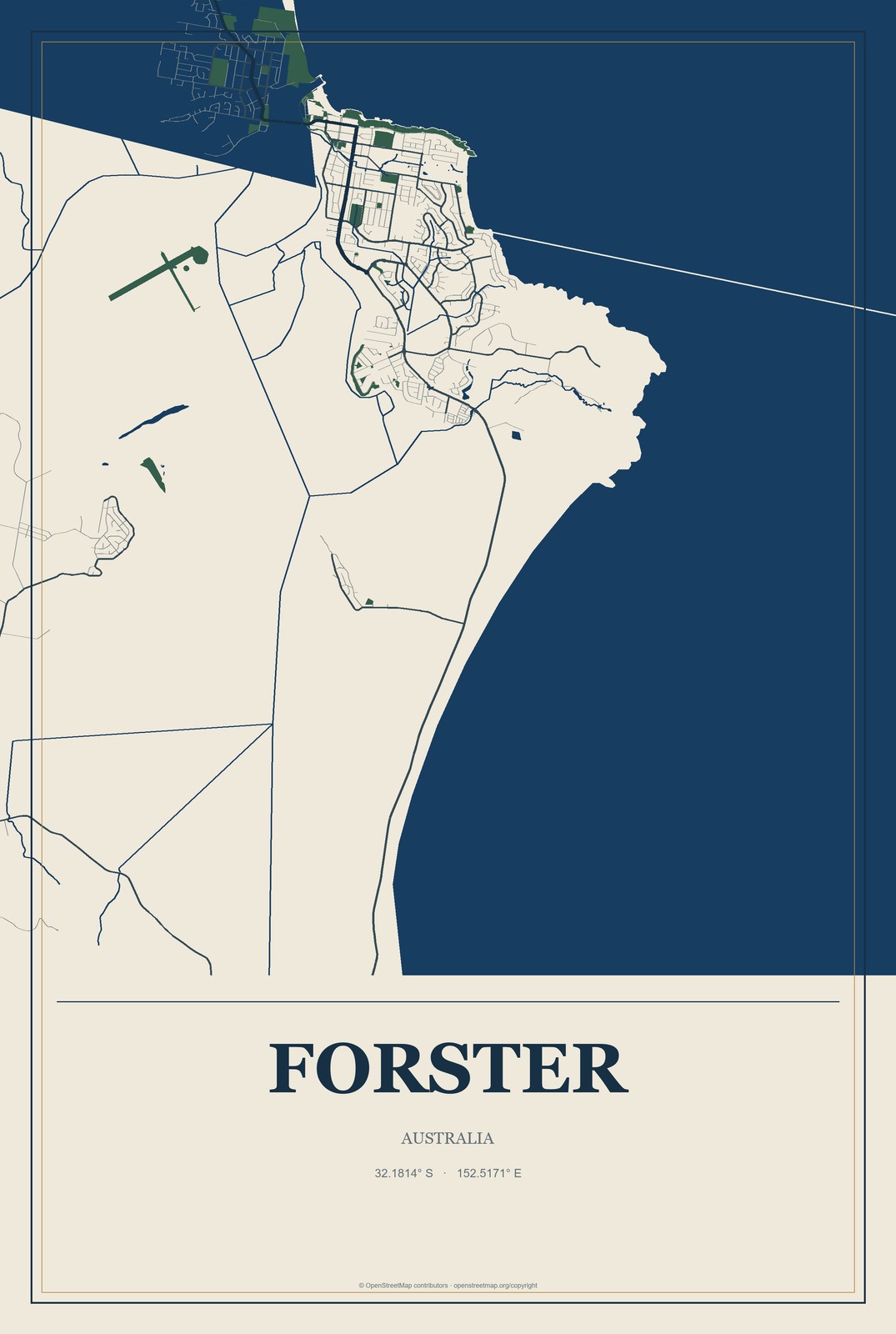 Forster, Australia City Map Aluminum Sign in Coastal Cutout style