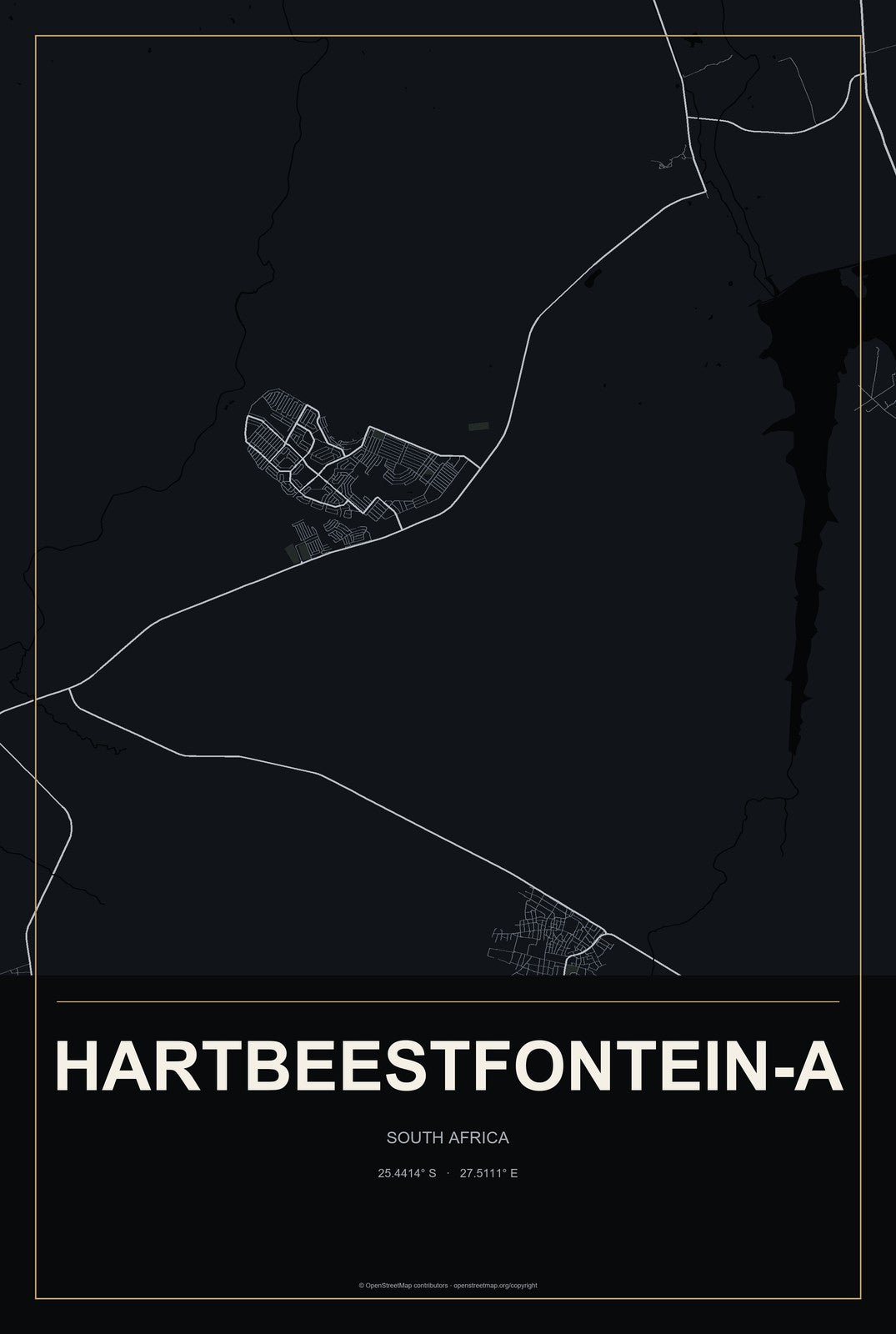Hartbeestfontein-A, South Africa City Map Aluminum Sign in Metropolitan Noir style