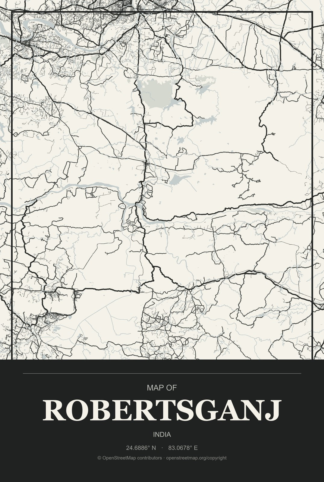 Robertsganj, India City Map Aluminum Sign in Museum Plaque style