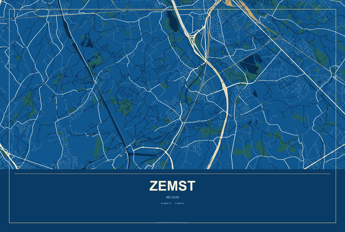 Zemst, Belgium City Map Aluminum Sign in Harbor Cobalt style