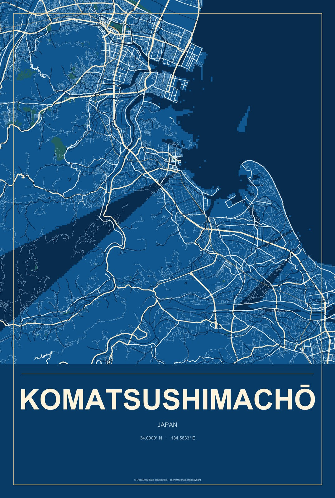 Komatsushimachō, Japan City Map Aluminum Sign in Harbor Cobalt style