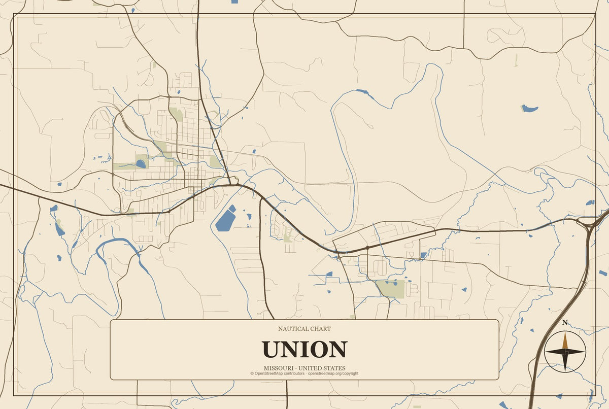 Union, Missouri City Map Aluminum Sign in Heritage Nautical style