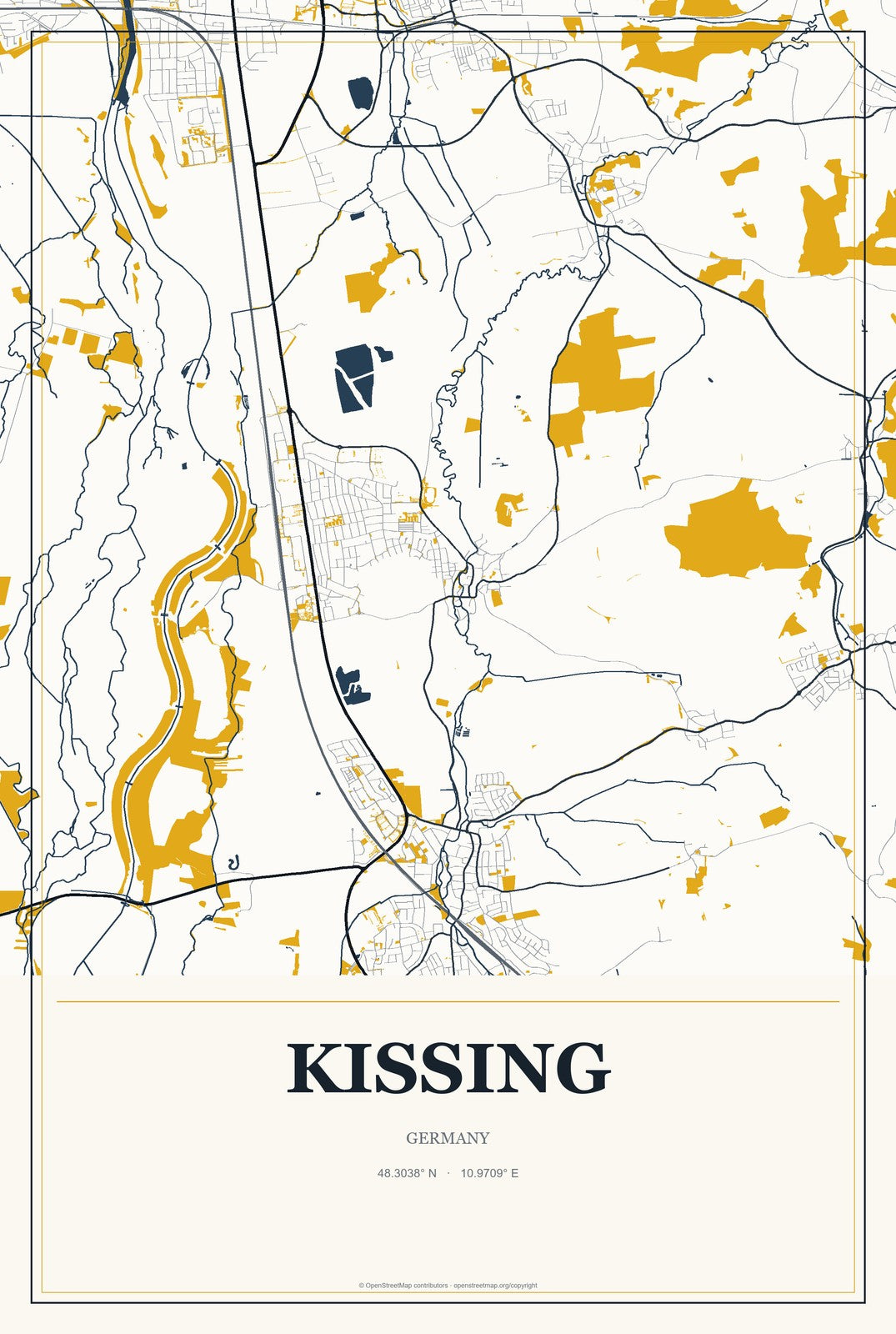 Kissing, Germany City Map Aluminum Sign in Citrine Modern style