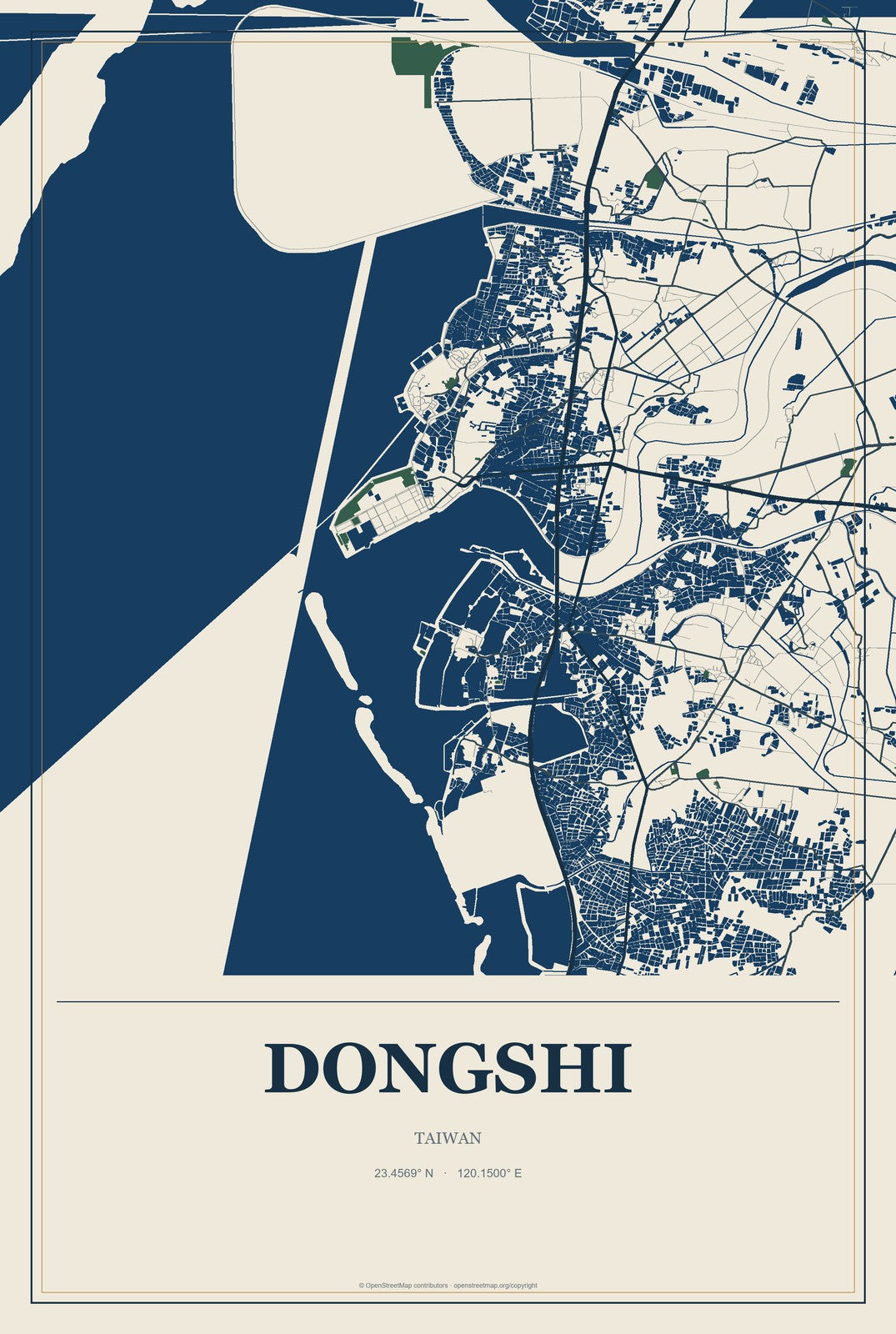 Dongshi, Taiwan City Map Aluminum Sign in Coastal Cutout style