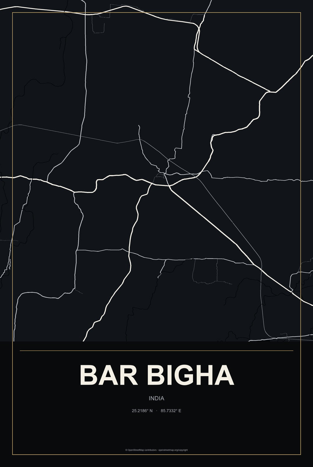 Bar Bigha, India City Map Aluminum Sign in Metropolitan Noir style