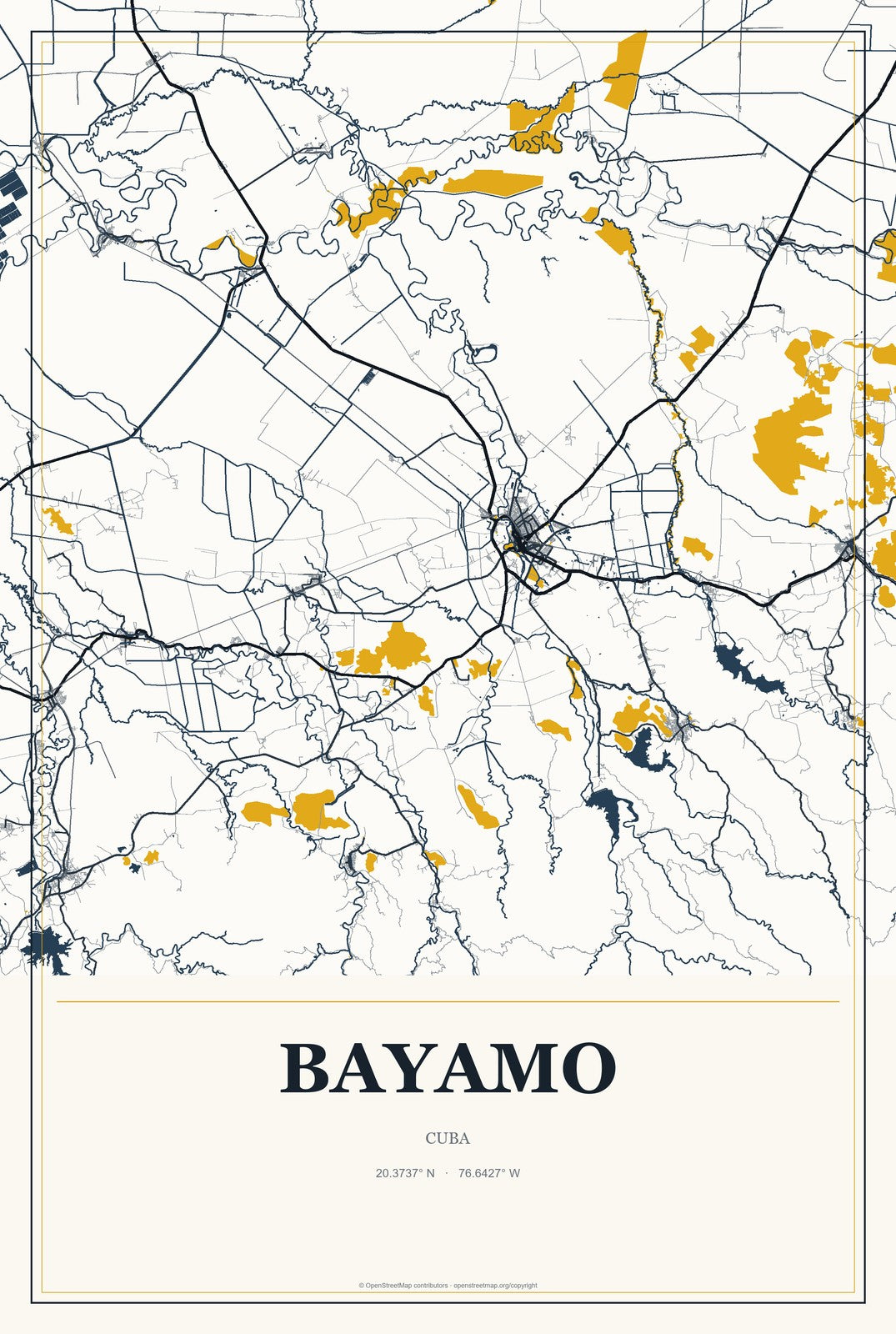 Bayamo, Cuba City Map Aluminum Sign in Citrine Modern style