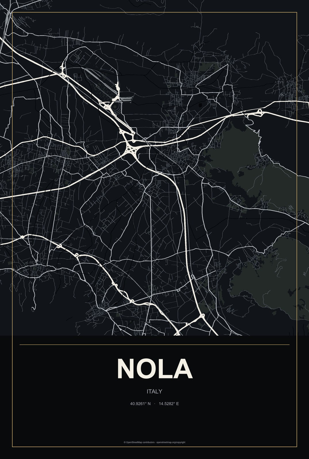 Nola, Italy City Map Aluminum Sign in Metropolitan Noir style