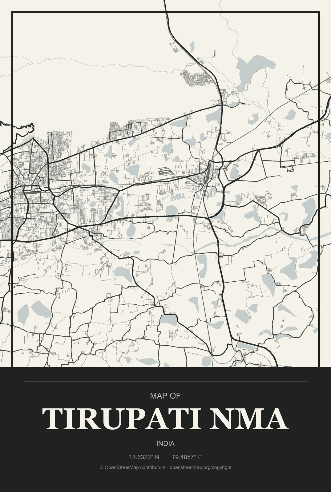 Tirupati NMA, India City Map Aluminum Sign in Museum Plaque style