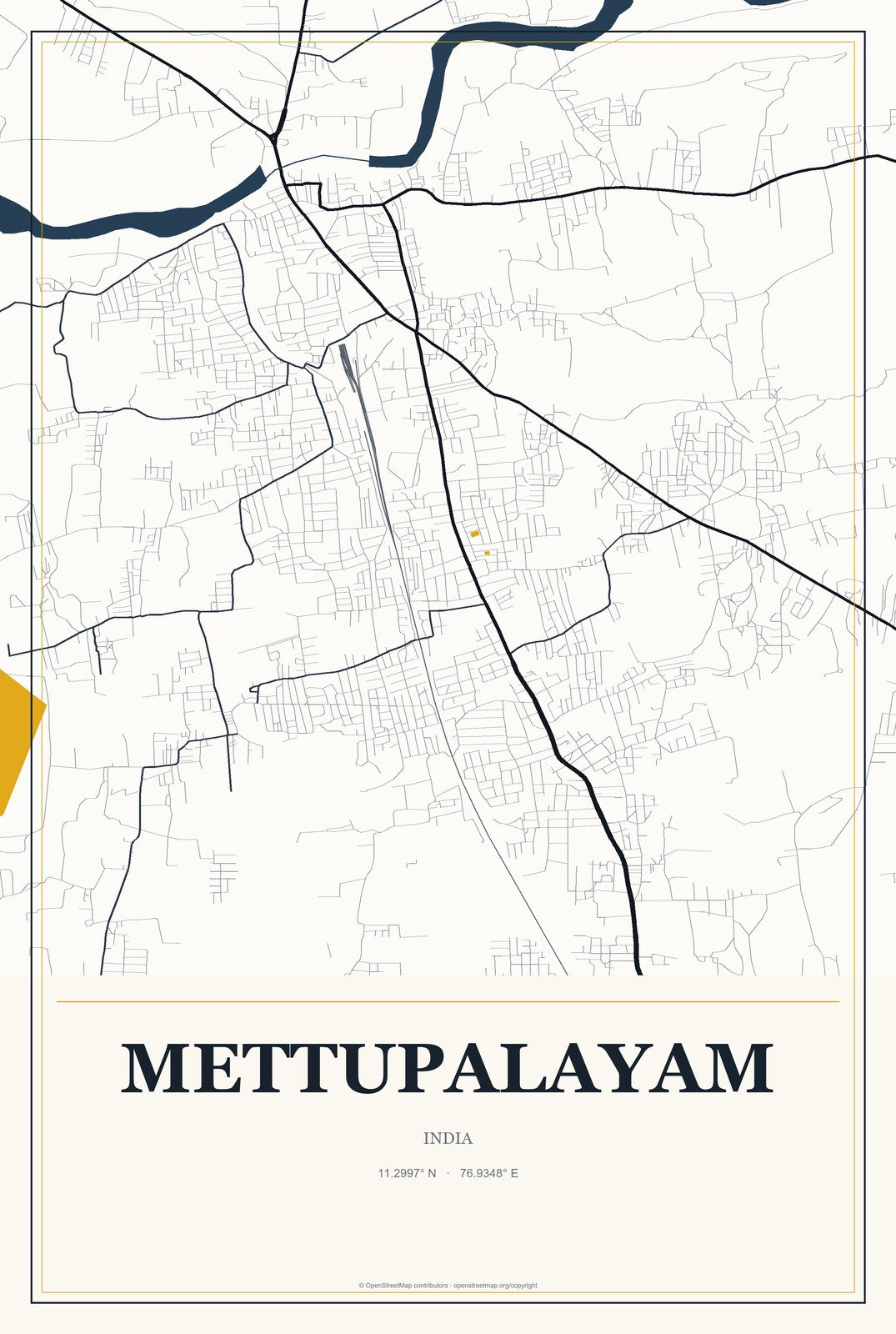 Mettupalayam, India City Map Aluminum Sign in Citrine Modern style
