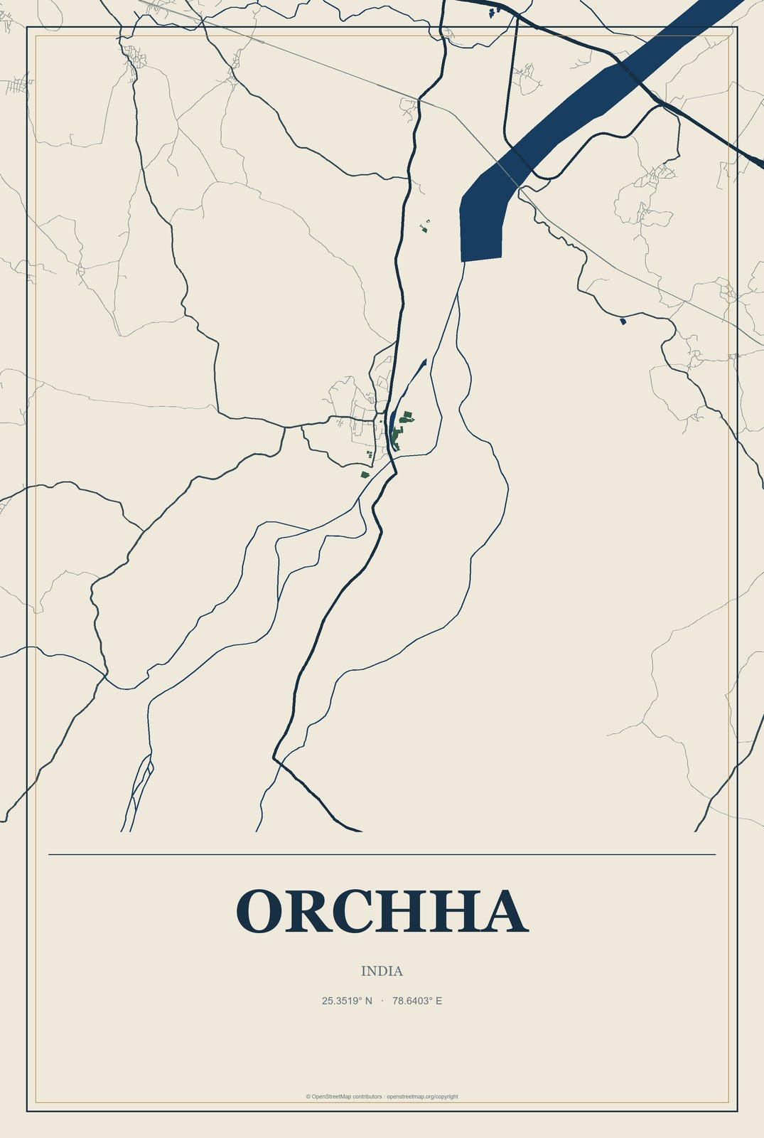Orchha, India City Map Aluminum Sign in Coastal Cutout style