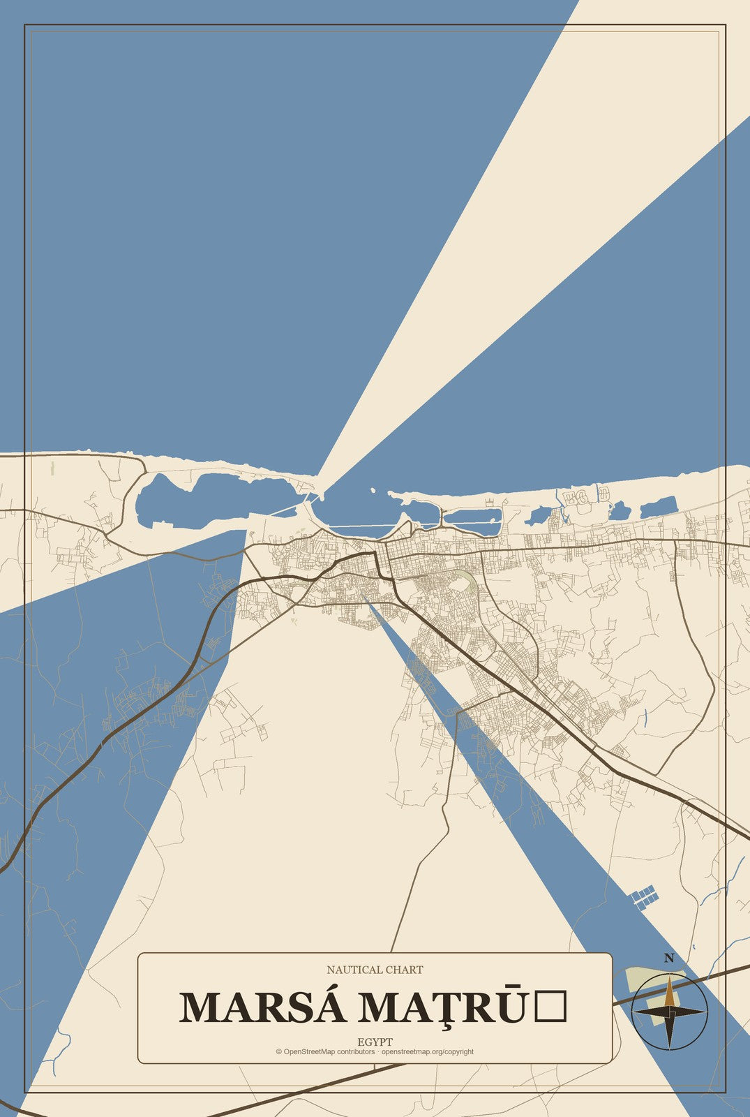 Marsá Maţrūḩ, Egypt City Map Aluminum Sign in Heritage Nautical style