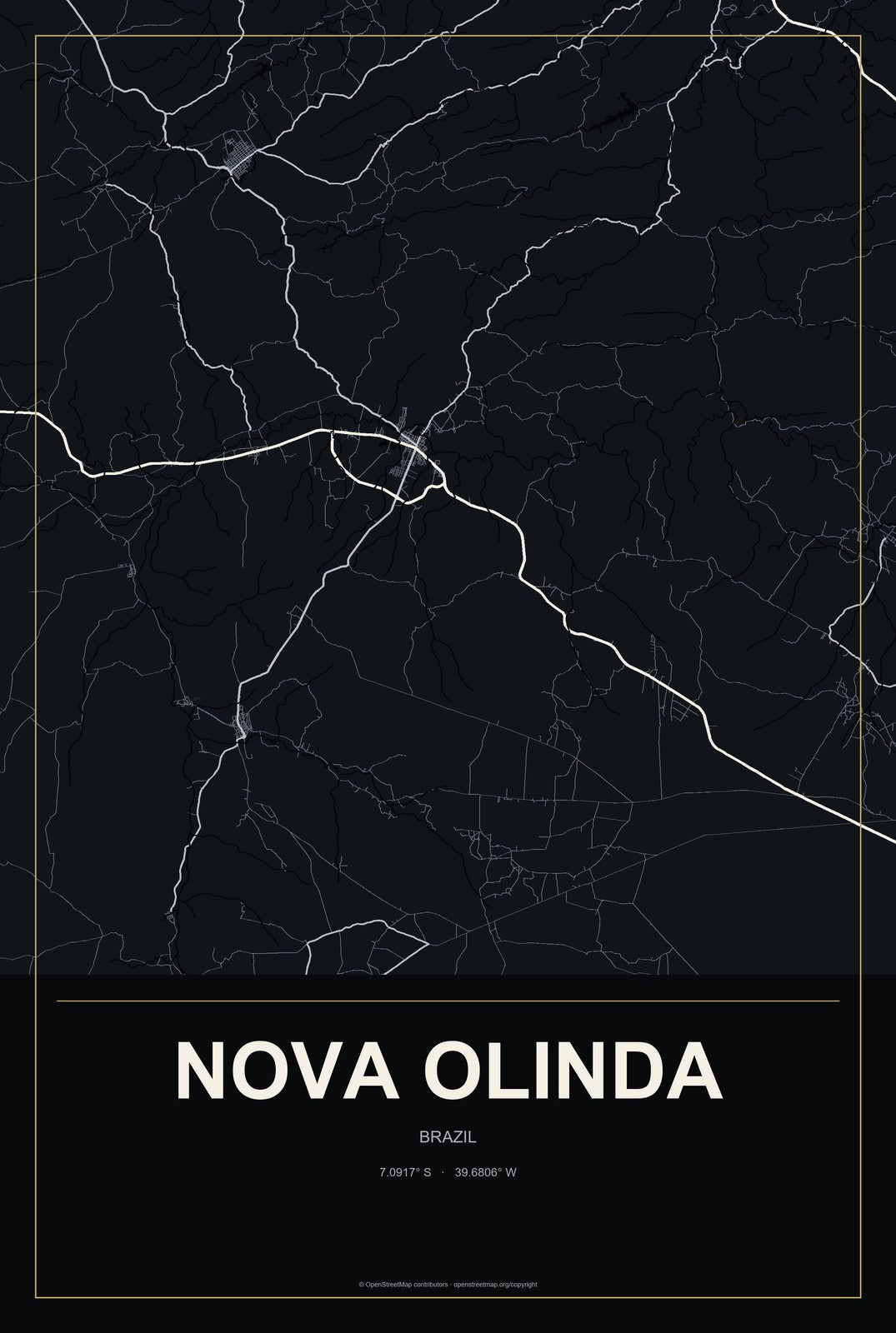 Nova Olinda, Tocantins, Brazil City Map Aluminum Sign in Metropolitan Noir style