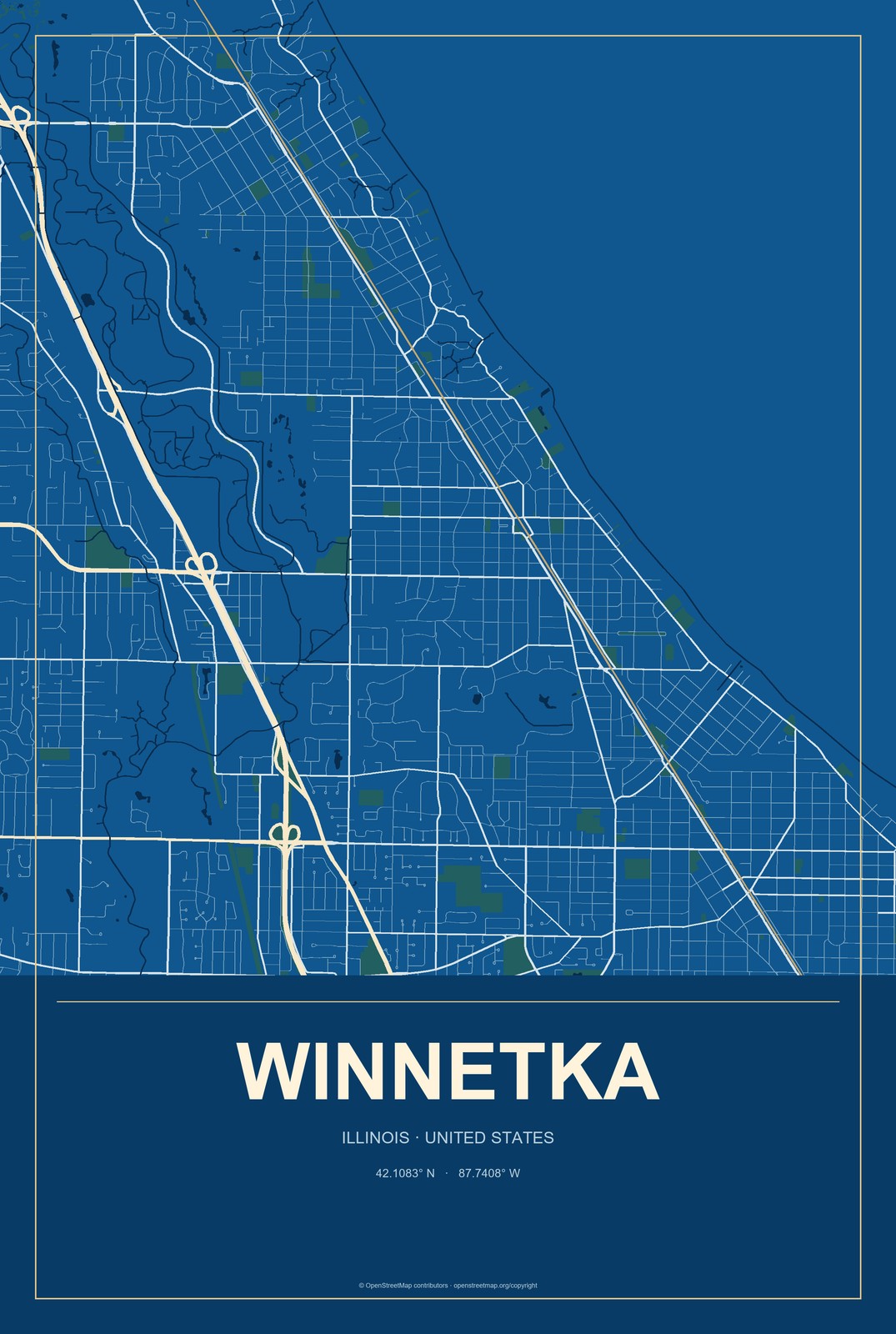 Winnetka, Illinois City Map Aluminum Sign in Harbor Cobalt style