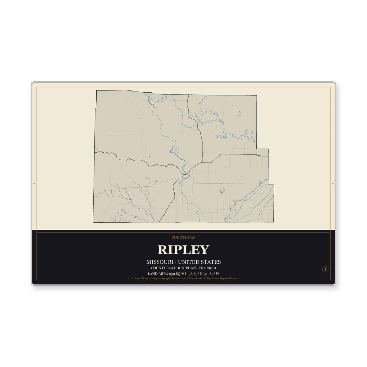 Ripley County, Missouri Map Aluminum Sign in Museum Plaque style